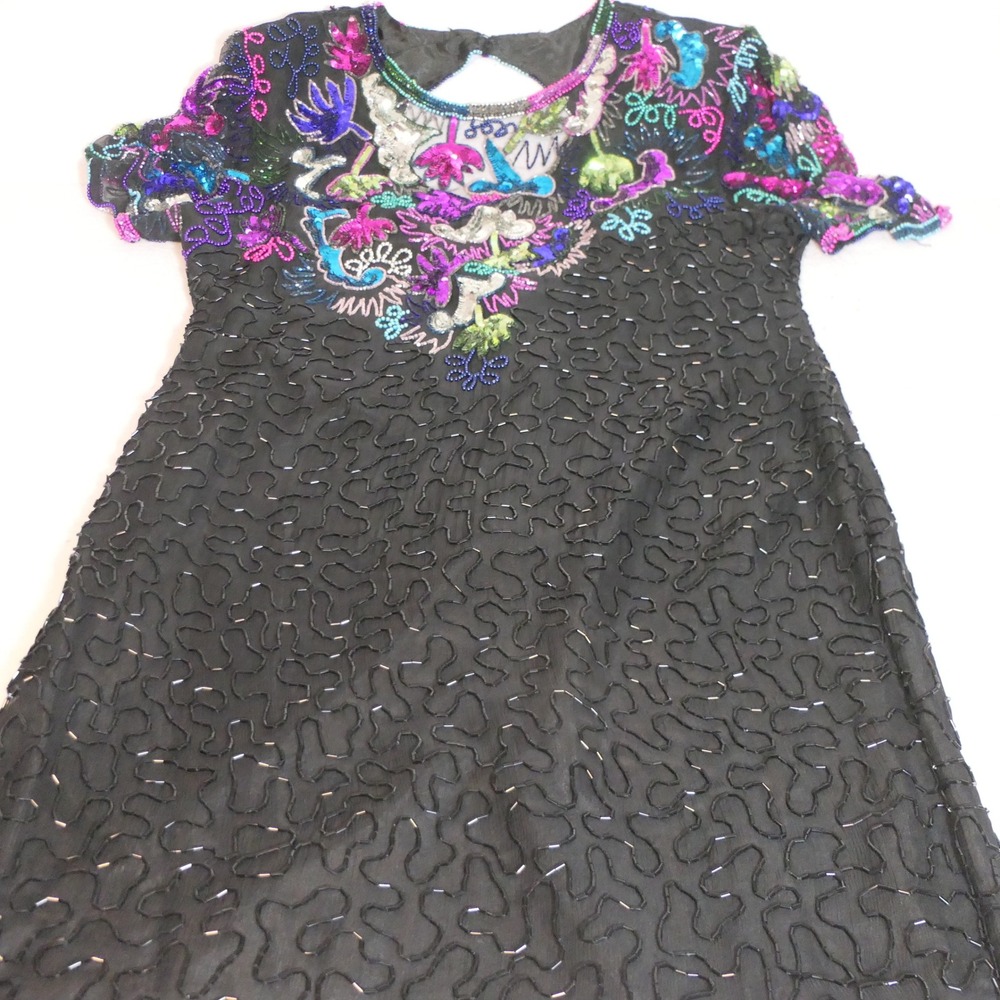 Sweelo Womens Beaded Sequin Silk Dress XL Black Vintage Floral Cocktail 80s Glam